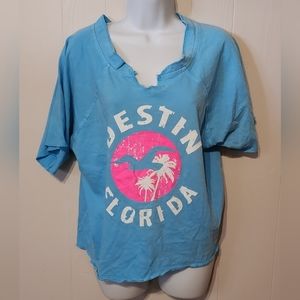 Destin Florida‎ V Neck Short Sleeve Shirt Blue Pink Small Medium  U.S. Vintage